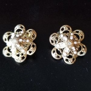 Vintage West Germany Gold Tone clip on faux pearl rhinestone filagree earrings